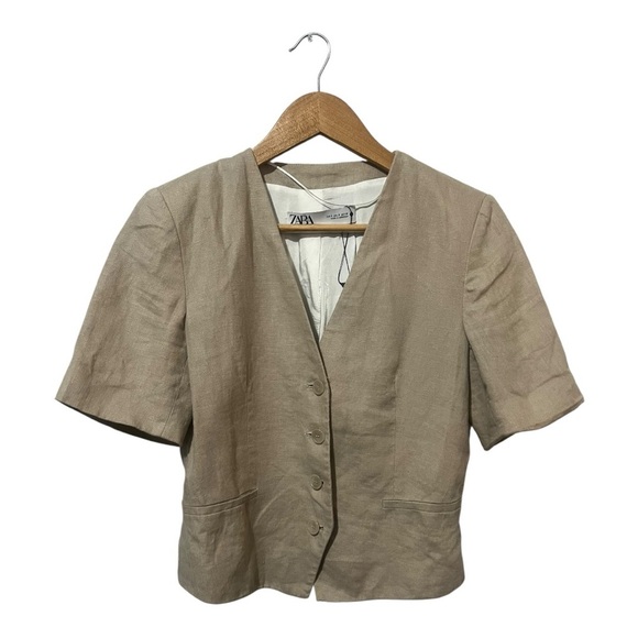 ZARA 100% Linen Vest Jacket Beige Women's Size Small Waistcoat - Picture 2 of 6